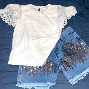 White Lace Top with Silver Sequin Shorts Outfit - size 8